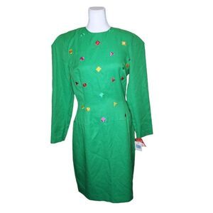 Vintage 80s Long Sleeve Diamond Print Sheath Dress Womens Size M Green